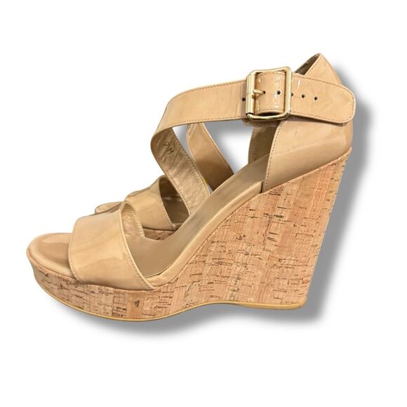 Stuart Weitzman Oneliner Patent Leather Cork Wedge Open Toe Heels Nude Size 9 - Picture 3 of 10